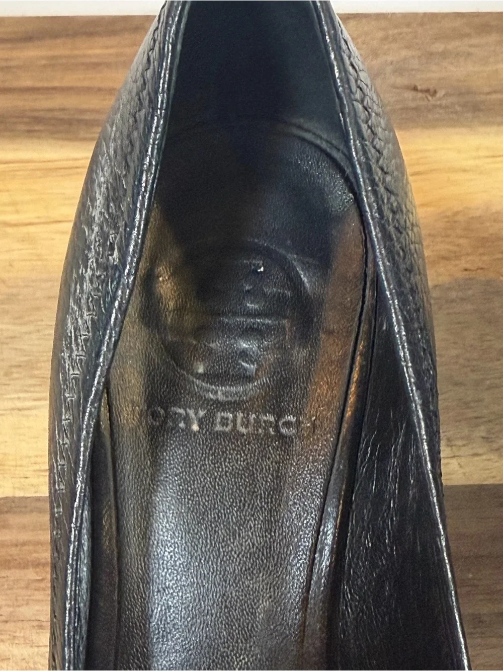 Tory Burch Black Leather Peep-Toe Wedge with Logo Medallion Sz 6?